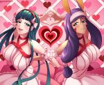  2girls alternate_costume animal_ears bangs blunt_bangs blush bow bunny_ears cleopatra_(fate/grand_order) closed_mouth collarbone dress embarrassed english_commentary eyeshadow facepaint fake_animal_ears fate/grand_order fate_(series) green_hair hair_between_eyes hair_bow hairband halterneck heart heart_hands heart_hands_duo highres long_hair makeup multiple_girls nitocris_(fate/grand_order) open_mouth pachpachpach pink_bow pink_dress purple_hair sidelocks smile straight_hair twitter_username valentine very_long_hair wavy_mouth 