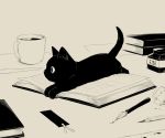  animal animal_focus avogado6 black_cat book bookmark cat cat_focus crumpled_paper cup drink fountain_pen from_side ink ink_bottle looking_away lying monochrome no_humans on_stomach open_book original paper pen pencil sepia solo 