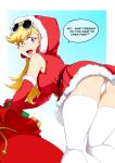  1girl ass bangs bare_shoulders belt bent_over black_belt blonde_hair blue_eyes blush box breasts christmas dress english_text eyebrows_visible_through_hair eyewear_on_head fur-trimmed_dress fur-trimmed_gloves fur_trim gift gift_bag gift_box gloves highres jcm2 leni_loud long_hair looking_at_viewer looking_back medium_breasts open_mouth panties red_dress red_gloves santa_costume short_dress smile solo speech_bubble sunglasses swept_bangs the_loud_house thighhighs underwear white_legwear white_panties 