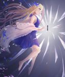  1girl abigail_williams_(fate/grand_order) bangs bare_shoulders barefoot blonde_hair blue_bow blue_dress blue_eyes bow breasts bug butterfly dress fate/grand_order fate_(series) feet forehead full_body gown hair_bow insect keyhole legs long_hair off_shoulder open_mouth parted_bangs sanka_tan small_breasts solo 