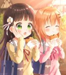  2girls artist_name bag blush brown_hair closed_mouth duffel_bag eating facing_away flower food food_request gochuumon_wa_usagi_desu_ka? green_eyes hair_flower hair_ornament hairclip holding holding_food hoto_cocoa long_hair long_sleeves looking_away mozukun43 multiple_girls open_mouth purple_eyes short_hair twitter_username ujimatsu_chiya 