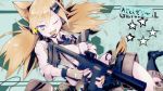  1girl absurdres animal_ears bangs black_legwear blonde_hair blue_eyes bushman_idw cat_ears commentary_request girls_frontline gloves gun hair_between_eyes hair_ornament highres holding holding_weapon idw_(girls_frontline) mineta_naoki necktie one_eye_closed open_mouth shirt shorts solo tail twintails weapon 