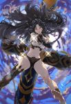  1girl black_hair fate/grand_order fate_(series) hair_ornament highres ishtar_(fate)_(all) ishtar_(fate/grand_order) kdm_(ke_dama) long_hair looking_at_viewer midriff navel orange_eyes pointing pointing_at_viewer smile solo standing thighs very_long_hair 