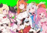  :3 absurdres amane_kanata bangs bare_shoulders black_headwear blonde_hair blue_hair blush breasts cleavage closed_eyes crown demon_tail dragon_girl dress green_background grin hairband halo hand_on_hip hands_on_hips hat highres himemori_luna hololive horned_headwear horns kiryuu_coco large_breasts looking_at_viewer medium_breasts multicolored_hair navel off_shoulder one_eye_closed open_mouth orange_hair pink_dress pink_hair purple_eyes sheep_horns short_hair silver_hair simple_background small_breasts smile tail tokoyami_towa tonari_no_kai_keruberosu tsunomaki_watame two-tone_hair upper_body virtual_youtuber 