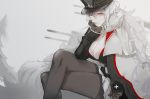  1girl arm_support azur_lane black_gloves breasts chin_rest cleavage coat cowboy_shot crossed_legs eyelashes finger_in_mouth fur_collar gloves graf_zeppelin_(azur_lane) grey_background grey_hair hat jacket_on_shoulders large_breasts long_hair looking_at_viewer mechanical_tail nello_(luminous_darkness) peaked_cap red_eyes simple_background sitting skirt solo tail turret very_long_hair white_skirt 