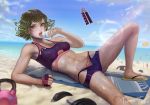  1girl beach blurry blurry_background curly_hair day food green_eyes green_hair horizon ice_cream looking_at_viewer lying on_side one-punch_man open_mouth solo sweat swimsuit tankini tatsumaki teemu_rasinkangas telekinesis tongue 