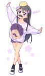  1girl arm_up bangs black_hair black_legwear blue_eyes blue_shorts blush bread commentary crossed_legs eyebrows_visible_through_hair fake_facial_hair fake_mustache floral_background food food_on_head full_body hair_between_eyes higero_(wataten) jigatei_(omijin) long_hair long_sleeves looking_at_viewer melon_bread object_on_head outstretched_arm print_sweater puffy_long_sleeves puffy_sleeves purple_sweater shirosaki_hana shoes short_shorts shorts simple_background sleeves_past_wrists socks solo standing sweater uwabaki very_long_hair watashi_ni_tenshi_ga_maiorita! white_background white_footwear 