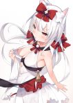  1girl :o animal_ear_fluff animal_ears azur_lane bangs bare_arms bare_shoulders blush bow breasts cat_ears cat_girl cisyo cleavage_cutout cowboy_shot dress eyebrows_visible_through_hair from_side hair_bow halter_dress highres long_hair looking_at_viewer looking_to_the_side low_twintails medium_breasts nipples parted_lips red_bow red_eyes silver_hair simple_background sleeveless sleeveless_dress solo tassel twintails v-shaped_eyebrows very_long_hair white_background white_dress yukikaze_(azur_lane) 