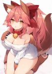  1girl animal_ears bare_shoulders bell bell_collar between_legs blush bow breasts chestnut_mouth claws cleavage collar commentary_request fate/grand_order fate_(series) fox_ears fox_girl fox_tail hair_bow hand_between_legs hand_on_own_chest highres large_breasts long_hair looking_at_viewer muryotaro off-shoulder_sweater off_shoulder orange_eyes paws pink_hair ponytail red_bow ribbed_sweater seiza simple_background sitting solo sweater tail tamamo_(fate)_(all) tamamo_cat_(fate) white_background 