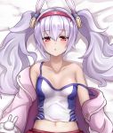  1girl animal_ears azur_lane bare_shoulders blush breasts bunny_ears eyebrows_visible_through_hair fake_animal_ears hair_between_eyes hair_ornament hairband highres jacket laffey_(azur_lane) long_hair long_sleeves looking_at_viewer lying on_back pleated_skirt red_eyes silver_hair skirt solo tosaka_(tosaka0001) twintails very_long_hair 