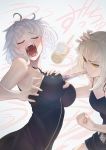  2girls anger_vein artoria_pendragon_(all) bangs belt black_dress black_halter_top blonde_hair blue_background braid breast_grab breasts bubble_tea_challenge closed_eyes commentary_request dark_persona dress excalibur fate/grand_order fate_(series) french_braid gothic_lolita grabbing highres imizu_(nitro_unknown) jeanne_d&#039;arc_(alter)_(fate) jeanne_d&#039;arc_(fate)_(all) jet_black_king_of_knights_ver._shinjuku_1999 large_breasts lolita_fashion multiple_girls ponytail saber_alter screaming short_hair sidelocks silver_hair small_breasts tsurime white_belt wicked_dragon_witch_ver._shinjuku_1999 yellow_eyes 