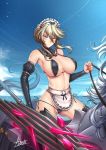  adsouto artoria_pendragon_(all) artoria_pendragon_(lancer) bangs bikini blonde_hair breasts choker clenched_hand closed_mouth facing_viewer fate/grand_order fate_(series) highres large_breasts maid maid_headdress midriff navel serious swimsuit yellow_eyes 