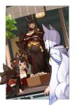  3girls akagi-chan_(azur_lane) akagi_(azur_lane) animal_ears azur_lane black_hair black_kimono breasts choker dutch_angle fox_ears holding holding_tray japanese_clothes kaga_(azur_lane) kimono large_breasts long_hair looking_at_another multiple_girls multiple_tails open_mouth outdoors pregnant pupps red_choker red_eyes short_hair sidelocks small_breasts standing tail tied_hair tray very_long_hair white_hair white_kimono younger 