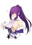  1girl absurdres bangs bare_shoulders blush breasts closed_mouth detached_sleeves dress dress_pull fate/grand_order fate_(series) fur_trim hair_between_eyes hair_ribbon highres jikatarou large_breasts long_hair ponytail purple_dress purple_hair purple_ribbon red_eyes ribbon scathach_(fate)_(all) scathach_skadi_(fate/grand_order) sideboob sidelocks simple_background solo tiara white_background 