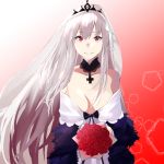  1girl breasts collarbone cross crown dress flower girls_frontline highres kar98k_(girls_frontline) long_hair looking_at_viewer medium_breasts red_eyes silver_hair simple_background smile solo talnory very_long_hair wedding wedding_dress 