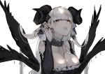  1girl adjusting_hair alternate_costume azur_lane bangs black_horns black_nails black_wings blunt_bangs breasts choker cleavage commentary_request curled_horns demon_girl detached_collar detached_sleeves drop_earrings earrings formidable_(azur_lane) hair_flowing_over hair_ribbon hand_up jewelry lace lace_choker large_breasts lips long_hair looking_at_viewer nello_(luminous_darkness) open_mouth pierced_wings red_eyes ribbon simple_background solo upper_body white_background white_hair wings 