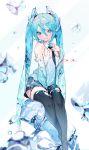  1girl black_footwear black_skirt blue_eyes blue_hair boots bukurote hair_between_eyes hand_on_own_chest hatsune_miku highres ice ice_cube long_hair looking_at_viewer necktie sitting skirt solo thigh_boots thighhighs torn_boots twintails very_long_hair vocaloid 