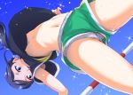  1girl armpit_peek bangs black_hair black_shirt blue_eyes blue_sky breasts commentary_request day green_shorts gym_shorts hair_ornament hair_scrunchie healin&#039;_good_precure high_jump hisakawa_chin long_hair looking_down low_ponytail navel nipples no_bra open_mouth outdoors panties parted_bangs precure sawaizumi_chiyu scrunchie shirt short_sleeves shorts sky small_breasts solo sparkle stomach sweat thighs underwear upshirt upshorts white_panties 