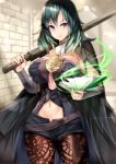  1girl absurdres armor aura bangs belt black_armor black_cape black_shorts blue_eyes blue_hair book breasts brick_wall brown_legwear byleth_(fire_emblem) byleth_(fire_emblem)_(female) cape closed_mouth commentary_request cowboy_shot detached_collar emblem eyebrows_visible_through_hair fire_emblem fire_emblem:_three_houses hair_between_eyes highres holding holding_book holding_sword holding_weapon huge_breasts light_particles light_rays looking_at_viewer medium_hair navel navel_cutout open_book over_shoulder pantyhose patterned_clothing short_shorts shorts sidelocks smile solo sparkle standing sunbeam sunlight sword tassel tea_texiamato weapon weapon_over_shoulder wrist_guards 
