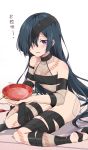  1girl alcohol bangs bare_shoulders black_hair black_ribbon blush breasts collarbone cup eyepatch fate/grand_order fate_(series) fishnets hair_over_one_eye highres legs long_hair looking_at_viewer mochizuki_chiyome_(fate/grand_order) open_mouth purple_eyes ribbon sakazuki sake simple_background sitting small_breasts smile snake_tattoo solo translation_request unlock-creed very_long_hair wariza white_background 