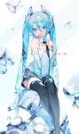  1girl black_footwear black_skirt blue_eyes blue_hair boots bukurote hair_between_eyes hand_on_own_chest hatsune_miku highres ice ice_cube long_hair looking_at_viewer necktie sitting skirt solo thigh_boots thighhighs tongue tongue_out torn_boots twintails very_long_hair vocaloid 