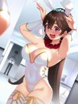  /\/\/\ 1boy 1girl animal_ears armpits arms_up bead_necklace beads black_hair blush breasts brown_hair bunny_ears bunny_pose bunnysuit chaldea_uniform cleavage covered_navel earrings fate/grand_order fate_(series) fujimaru_ritsuka_(male) hair_between_eyes highleg highleg_leotard hoop_earrings indoors jewelry large_breasts leotard long_hair mirror necklace open_mouth prayer_beads purple_eyes reflection revision skindentation smile strapless strapless_leotard sungwon thighhighs very_long_hair walk-in white_legwear white_leotard xuanzang_(fate/grand_order) 