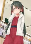  1girl belt blush dress eyebrows_visible_through_hair green_hair hair_ornament hair_ribbon kantai_collection long_hair looking_at_viewer mikuma_(kantai_collection) multiple_girls ne_an_ito red_dress remodel_(kantai_collection) ribbon shop smile solo twintails white_hoodie 