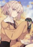  1girl bag blurry blurry_background coffee_cup commentary_request cup disposable_cup earrings eyebrows_visible_through_hair eyes_visible_through_hair fate/grand_order fate_(series) grey_eyes grey_hair hair_between_eyes handbag highres holding holding_cup jewelry leaf long_sleeves looking_at_viewer okita_souji_(fate) okita_souji_(koha/ace) outdoors ponytail saipaco sitting solo 