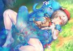  2girls absurdres bangs bar_censor blue_skin blush breasts brown_footwear censored commentary_request flower grey_hair hair_ribbon hands_over_mouth highres long_braid long_hair lying monster_girl multiple_girls nipples on_back pussy ray_(pixiv9514208) red_headwear red_ribbon ribbon shoes slime_girl small_breasts spread_legs tagme tearing_up thighhighs torn_clothes torn_jacket torn_legwear white_flower white_legwear yuri 