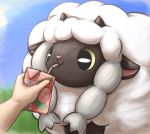  black_eyes blue_sky closed_mouth commentary creature day drinking drinking_straw english_commentary food fruit gen_8_pokemon highres horns juice_box otakuap peach pokemon pokemon_(creature) sheep sky wooloo 