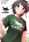  1girl 51_(akiduki) adidas alternate_costume bangs black_hair brand_name_imitation brown_eyes character_name commentary_request dated green_shirt highres kantai_collection logo_parody looking_at_viewer mogami_(kantai_collection) shirt short_hair solo swept_bangs t-shirt twitter_username upper_body 