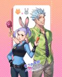  1boy 1girl animal_ears ban_(nanatsu_no_taizai) bunny_ears candy carrot cosplay disney food foxvulpine grin jericho_(nanatsu_no_taizai) judy_hopps judy_hopps_(cosplay) lavender_hair light_blue_hair lollipop long_hair looking_at_viewer nanatsu_no_taizai necktie nick_wilde nick_wilde_(cosplay) police police_uniform policewoman ponytail red_eyes shirt short_ponytail smile spiked_hair uniform yellow_eyes zootopia 