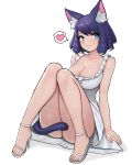  1girl animal_ear_fluff animal_ears ass bare_shoulders blue_eyes breasts cat_ears cat_tail check_copyright cleavage collarbone commentary donburikazoku dress heart highres hijirikawa_shian large_breasts looking_at_viewer purple_hair shoes short_hair show_by_rock!! simple_background sitting sleeveless sleeveless_dress smile solo tail white_background white_dress white_footwear 