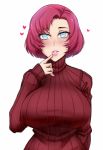  1girl blush breasts commentary finger_to_mouth heart large_breasts lipstick long_sleeves looking_at_viewer makeup mole mole_under_eye original parted_lips pink_hair pink_lipstick red_sweater ribbed_sweater short_hair silver_eyes simple_background sleeves_past_wrists solo sweater symbol_commentary turtleneck turtleneck_sweater twrlare upper_body white_background 