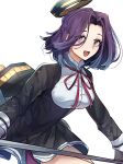 1girl :d glaive haru_hikoya kantai_collection looking_at_viewer mechanical_halo neck_ribbon open_mouth purple_eyes purple_hair red_ribbon ribbon school_uniform short_hair simple_background smile solo tatsuta_(kantai_collection) white_background 