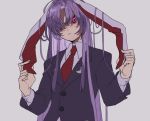  1girl animal_ears bangs blazer blouse bunny_ears buttons closed_mouth collared_blouse crescent crescent_moon_pin grey_background holding_ears imperishable_night jacket lapel_pin lavender_hair long_hair looking_at_viewer marimo_tarou moon_rabbit necktie pink_eyes purple_hair red_neckwear reisen_udongein_inaba solo touhou white_blouse 