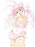  1girl :o animal_ears blue_eyes bow_in_hair breasts bunny_ears frilled_clothing hands_on_breasts high_heels highres large_breasts long_hair looking_at_viewer michael open_mouth pink_clothes pink_footwear pink_hair simple_background solo thighhighs white_background 