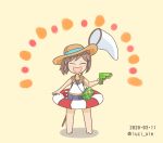  1girl beige_background box brown_hair butterfly_net commentary_request dated facing_viewer full_body hand_net hat highres i-401_(kantai_collection) innertube kantai_collection luci_ole open_mouth ponytail sailor_collar smile solo standing sun_hat swimsuit swimsuit_under_clothes twitter_username water_gun 