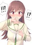  !!? !? 1girl akahi242 blush brown_hair covering_mouth eyebrows_visible_through_hair highres kantai_collection long_hair looking_at_viewer neckerchief ooi_(kantai_collection) red_eyes remodel_(kantai_collection) school_uniform serafuku simple_background solo upper_body white_background white_neckwear 