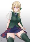  1girl :o ass_visible_through_thighs blonde_hair blue_neckwear blue_skirt braid braided_bun breasts character_name commentary_request dress_shirt gradient gradient_background green_legwear green_vest highres kantai_collection large_breasts looking_at_viewer necktie panties pantyshot pantyshot_(sitting) perth_(kantai_collection) plaid plaid_skirt pleated_skirt school_uniform shirt short_hair short_sleeves simple_background sitting skirt solo t2r thighhighs underwear vest white_background white_panties white_shirt 