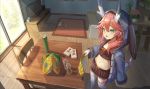 1girl animal_ears azur_lane black_skirt bunny_ears carpet chair chips commentary_request couch crop_top dragon_girl dragon_horns dragon_tail fake_animal_ears floppy_ears food from_above game_console green_eyes holding hood hooded_jacket horns indoors jacket living_room long_hair long_sleeves looking_at_viewer loungewear midriff miniskirt navel open_clothes open_jacket open_mouth orange_hair plant pleated_skirt pocky potato_chips potted_plant ribbon ryuujou_(azur_lane) ryuujou_(slacking_samurai)_(azur_lane) skirt smile solo standing stomach sunlight table tail tail_ribbon television thighhighs white_legwear wide_shot yu_ni_t zettai_ryouiki 