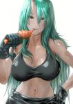  1girl arknights arm_ribbon arm_scarf bare_shoulders biting breasts cleavage clothes_around_waist dragon_horns eating food gloves green_hair hair_between_eyes hand_on_hip horn horns hoshiguma_(arknights) jacket_around_waist large_breasts long_hair looking_at_viewer midriff navel oni_horn oni_horns ribbon shirt_around_waist sidelocks skin-covered_horns standing tank_top uenoryoma 