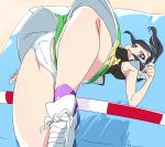  1girl accidental_exposure black_hair graphite_(medium) grey_eyes gym_shorts healin&#039;_good_precure jumping long_hair looking_at_viewer mechanical_pencil open_mouth panties pantyshot pencil precure sawaizumi_chiyu scrunchie shirt shorts solo traditional_media umanosuke underwear wardrobe_malfunction 