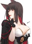  1girl akagi_(azur_lane) animal_ears azur_lane black_gloves breast_hold breasts brown_hair bustier candy_heart cleavage collarbone eyelashes gloves gold_trim hand_up kikumon large_breasts lips long_hair looking_at_viewer nello_(luminous_darkness) off-shoulder_kimono red_eyes sidelocks simple_background smirk solo turning_head twitter_username very_long_hair white_background wolf_ears 