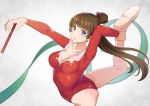  1girl ass blue_eyes breasts brown_hair cleavage gymnastics holding_own_foot len-cue leotard long_hair medium_breasts ponytail red_leotard rhythmic_gymnastics ribbon_baton simple_background solo standing standing_on_one_leg tomato_(madanai_the_cat) white_background yasumi-chan 