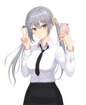  1girl black_skirt bow breasts brown_eyes cellphone doggo34476335 grey_hair hair_bow hair_ornament highres long_hair looking_at_viewer necktie original phone shirt skirt smartphone smile solo v white_background white_shirt 