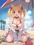  1girl ahoge animal_ear_fluff animal_ears arknights arm_support artist_name bangs bare_shoulders beach_umbrella bikini black_choker blonde_hair blue_sky blush breasts bucket choker cleavage cloud collarbone dated day eyebrows_visible_through_hair flower fox_ears front-tie_bikini front-tie_top grey_jacket hair_between_eyes hair_flower hair_ornament highres jacket long_sleeves looking_at_viewer medium_breasts naimiaomiaomiaomiao open_mouth outdoors red_eyes red_flower red_rose rose seiza shadow short_hair signature sitting sky solo sora_(arknights) swimsuit thigh_strap tree twintails umbrella white_bikini yellow_flower 