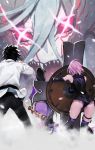  1boy 3girls ass belt black_hair fate/grand_order fate_(series) fog fujimaru_ritsuka_(male) hair_between_eyes highres holding holding_weapon katana long_hair mash_kyrielight minamoto_no_raikou_(fate/grand_order) multiple_girls nakuta pink_hair pink_sclera sharp_teeth sheath sheathed shield short_hair sword teeth tiamat_(fate/grand_order) weapon 