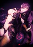 1girl bangs breasts bustier claws cleavage fate/grand_order fate_(series) feathers forehead gorgon_(fate) highres kyouya_(mukuro238) large_breasts long_hair looking_at_viewer monster_girl navel parted_bangs parted_lips purple_eyes purple_hair rider scales signature slit_pupils snake_hair solo thighs very_long_hair 