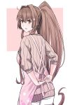  1girl apron beige_sweater border brown_eyes brown_hair casual cherry_blossoms commentary_request flower from_behind hair_flower hair_ornament highres kantai_collection long_hair nuko_(phylactery) pants pink_background ponytail ribbed_sweater solo sweater two-tone_background tying white_apron white_border white_pants yamato_(kantai_collection) 